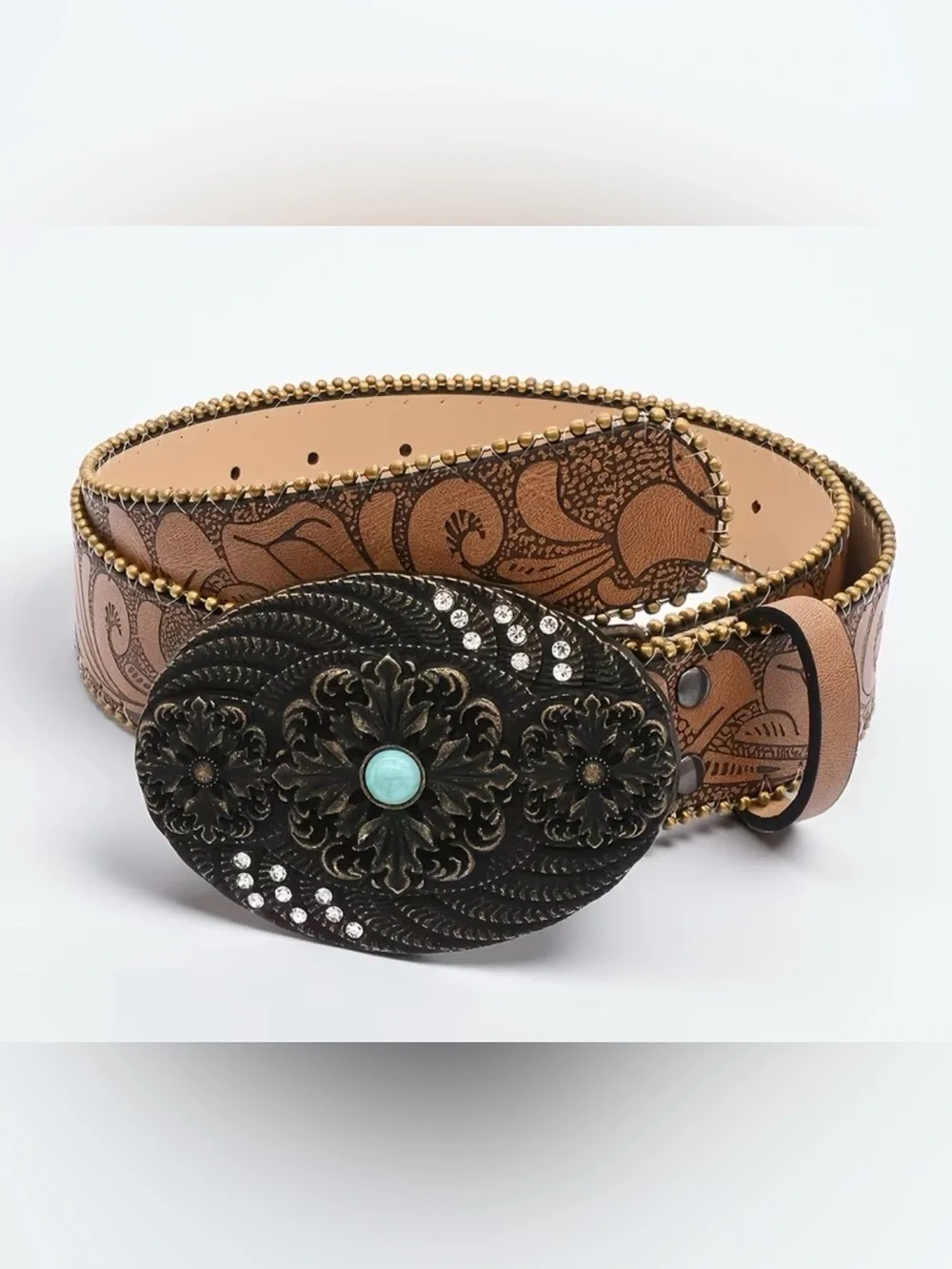 Western Floral Tooled Brown PU Leather Belt with Turquoise Accent